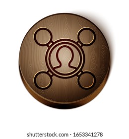 Braune Linie Teilen Symbol einzeln auf weißem Hintergrund. Teilen, Kommunikationspiktogramm, soziale Medien, Verbindung, Netzwerk, Verteilung. Holzkreisknopf. Vektorillustration-Illustration