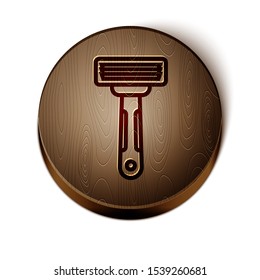 Brown line Shaving razor icon isolated on white background. Wooden circle button. Vector Illustration