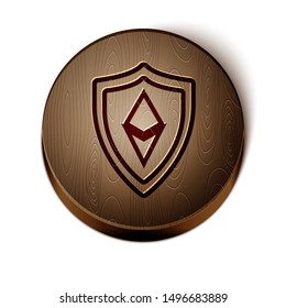 Brown line Shield Ethereum ETH icon isolated on white background. Cryptocurrency mining, blockchain technology, security, protect, digital money. Wooden circle button. Vector Illustration