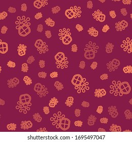 Brown line Shield protecting from virus, germs and bacteria icon isolated seamless pattern on red background. Immune system concept. Corona virus 2019-nCoV.  Vector Illustration