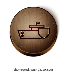 Brown line Ship with shield icon isolated on white background. Insurance concept. Security, safety, protection, protect concept. Wooden circle button. Vector Illustration