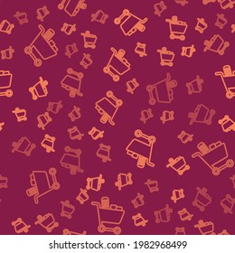 Brown line Shopping cart and food icon isolated seamless pattern on red background. Food store, supermarket.  Vector