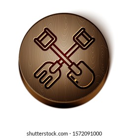 Brown line Shovel and rake icon isolated on white background. Tool for horticulture, agriculture, gardening, farming. Ground cultivator. Wooden circle button. Vector Illustration