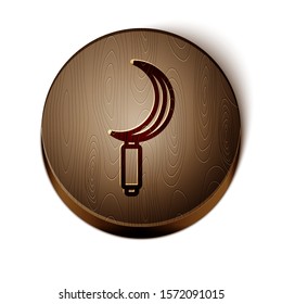 Brown line Sickle icon isolated on white background. Reaping hook sign. Wooden circle button. Vector Illustration