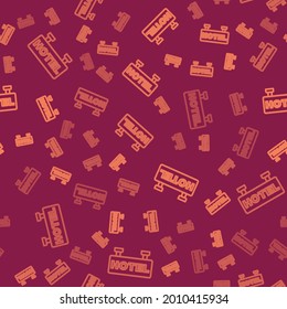 Brown line Signboard outdoor advertising with text Hotel icon isolated seamless pattern on red background.  Vector