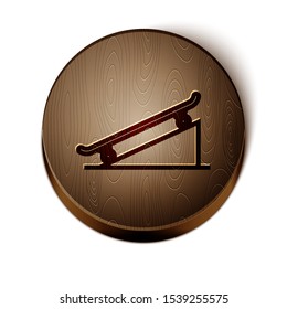 Brown line Skateboard on street ramp icon isolated on white background. Extreme sport. Sport equipment. Wooden circle button. Vector Illustration