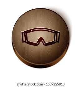 Brown line Ski goggles icon isolated on white background. Extreme sport. Sport equipment. Wooden circle button. Vector Illustration