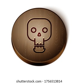 Brown line Skull icon isolated on white background. Happy Halloween party. Wooden circle button. Vector Illustration