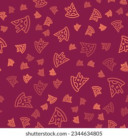 Brown line Slice of pizza icon isolated seamless pattern on red background. Fast food menu.  Vector