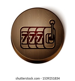 Brown line Slot machine with lucky sevens jackpot icon isolated on white background. Wooden circle button. Vector Illustration