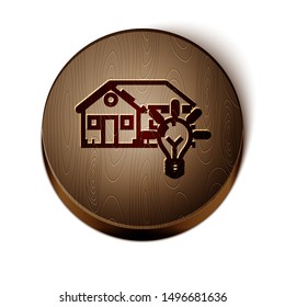Brown line Smart house and light bulb icon isolated on white background. Wooden circle button. Vector Illustration