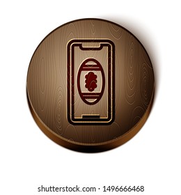 Brown line Smartphone with american football ball on the screen icon isolated on white background. Online football game for mobile phone. Wooden circle button. Vector Illustration