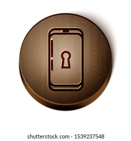 Brown line Smartphone with lock icon isolated on white background. Phone with lock. Mobile security, safety, protection concept. Wooden circle button. Vector Illustration