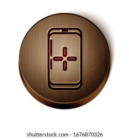 Brown line Smartphone and playing in game icon isolated on white background. Mobile gaming concept. Wooden circle button. Vector Illustration