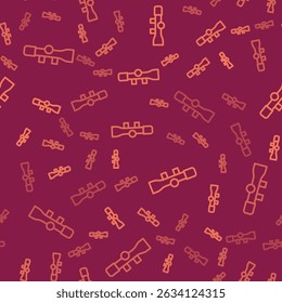Brown line Sniper optical sight icon isolated seamless pattern on red background. Sniper scope crosshairs.  Vector