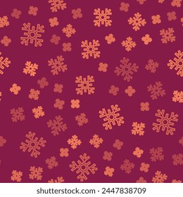 Brown line Snowflake icon isolated seamless pattern on red background. Merry Christmas and Happy New Year.  Vector