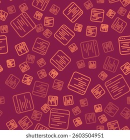 Brown line Software, web developer programming code icon isolated seamless pattern on red background. Javascript computer script random parts of program code.  Vector