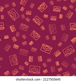 Brown line Software, web development, programming concept icon isolated seamless pattern on red background. Programming language and program code on screen laptop.  Vector