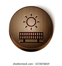 Brown line Solar energy panel and sun icon isolated on white background. Wooden circle button. Vector Illustration