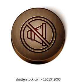 Brown line Speaker mute icon isolated on white background. No sound icon. Volume Off symbol. Wooden circle button. Vector Illustration
