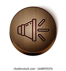 Brown line Speaker volume, audio voice sound symbol, media music icon isolated on white background. Wooden circle button. Vector Illustration