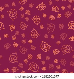 Brown line Speech bubble with airplane travel icon isolated seamless pattern on red background. Plane flight transport sign. Holidays symbol.  Vector Illustration