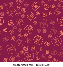 Brown line Speech bubble with airplane travel icon isolated seamless pattern on red background. Plane flight transport sign. Holidays symbol.  Vector Illustration
