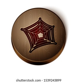 Brown line Spider web icon isolated on white background. Cobweb sign. Happy Halloween party. Wooden circle button. Vector Illustration