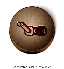 Brown line Spinning reel for fishing icon isolated on white background. Fishing coil. Fishing tackle. Wooden circle button. Vector Illustration