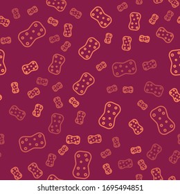 Brown line Sponge with bubbles icon isolated seamless pattern on red background. Wisp of bast for washing dishes. Cleaning service logo.  Vector Illustration