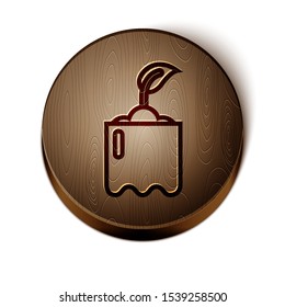 Brown line Sprout in bottle icon isolated on white background. Seed and seedling. Leaves sign. Leaf nature. Wooden circle button. Vector Illustration