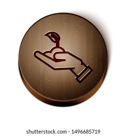 Brown line Sprout in hand of environmental protection icon isolated on white background. Seed and seedling. Planting sapling. Ecology concept. Wooden circle button. Vector Illustration