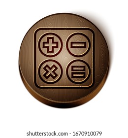 Brown line Square root icon isolated on white background. Wooden circle button. Vector Illustration