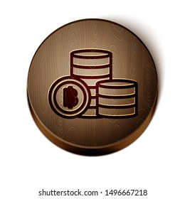 Brown line Stacks paper money cash icon isolated on white background. Money banknotes stacks. Bill currency. Wooden circle button. Vector Illustration