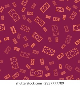 Brown line Stacks paper money cash icon isolated seamless pattern on red background. Money banknotes stacks. Bill currency.  Vector