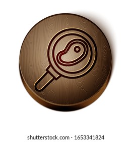 Brown line Steak meat in frying pan icon isolated on white background. Wooden circle button. Vector Illustration