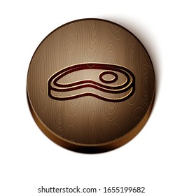 Brown line Steak meat icon isolated on white background. Wooden circle button. Vector Illustration