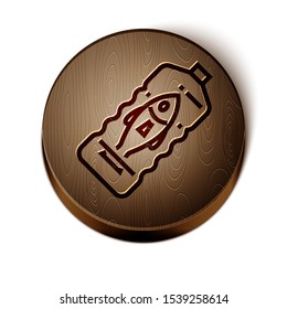 Brown line Stop ocean plastic pollution icon isolated on white background. Environment protection concept. Fish say no to plastic. Wooden circle button. Vector Illustration