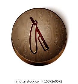 Brown line Straight razor icon isolated on white background. Barbershop symbol. Wooden circle button. Vector Illustration