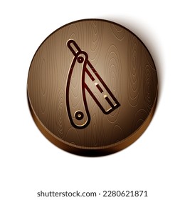 Brown line Straight razor icon isolated on white background. Barbershop symbol. Wooden circle button. Vector Illustration