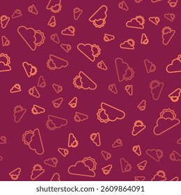 Brown line Sun and cloud weather icon isolated seamless pattern on red background.  Vector