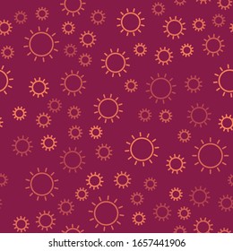Brown line Sun icon isolated seamless pattern on red background. Summer symbol. Good sunny day.  Vector Illustration