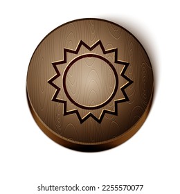 Brown line Sun icon isolated on white background. Summer symbol. Good sunny day. Wooden circle button. Vector Illustration