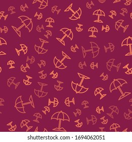 Brown line Sun protective umbrella for beach icon isolated seamless pattern on red background. Large parasol for outdoor space. Beach umbrella.  Vector Illustration