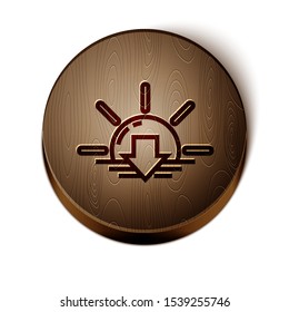Brown line Sunset icon isolated on white background. Wooden circle button. Vector Illustration
