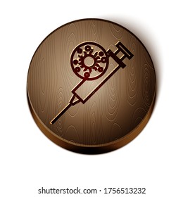 Brown line Syringe and virus icon isolated on white background. Syringe for vaccine, vaccination, injection, flu shot. Medical equipment. Wooden circle button. Vector Illustration
