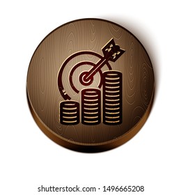 Brown line Target with coin symbol icon isolated on white background. Investment target icon. Successful business concept. Cash or Money sign.  Wooden circle button. Vector Illustration