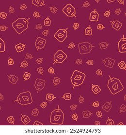 Brown line Tea bag with leaf icon isolated seamless pattern on red background.  Vector