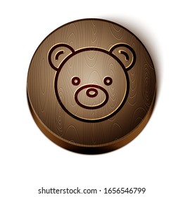 Brown line Teddy bear plush toy icon isolated on white background. Wooden circle button. Vector Illustration