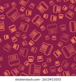 Brown line Telephone handset icon isolated seamless pattern on red background. Phone sign.  Vector